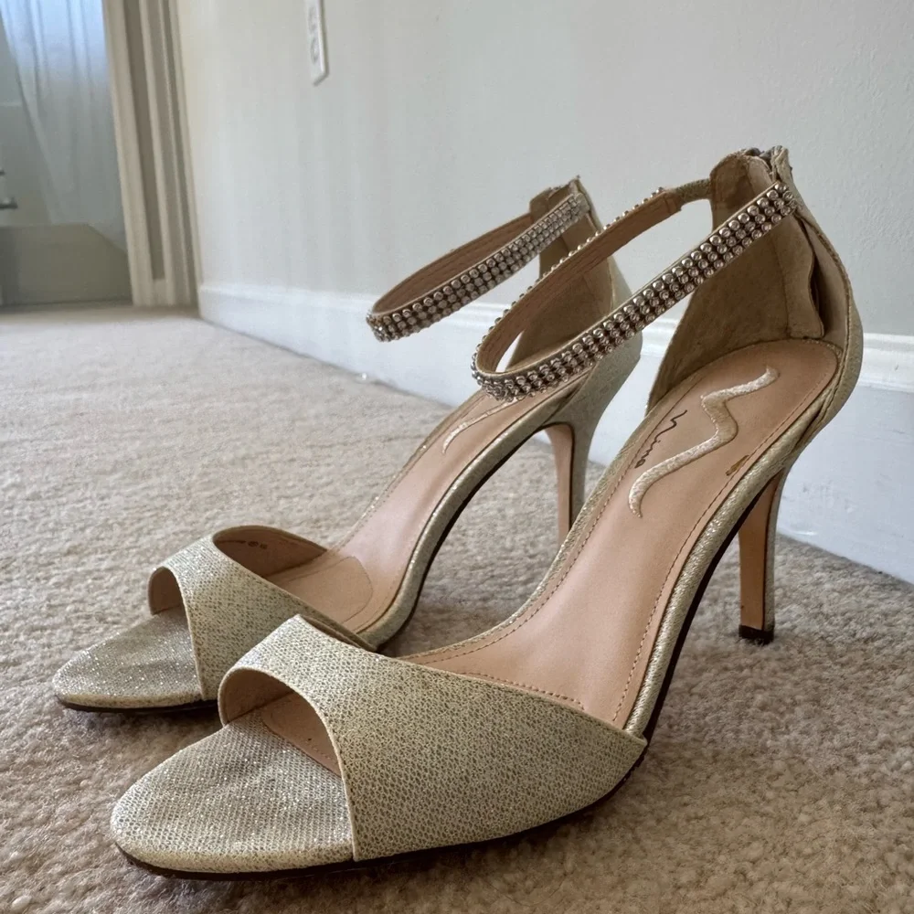 Nina Gold Rhinestone Ankle-Strap Stiletto Sandals - Picture 2 of 6
